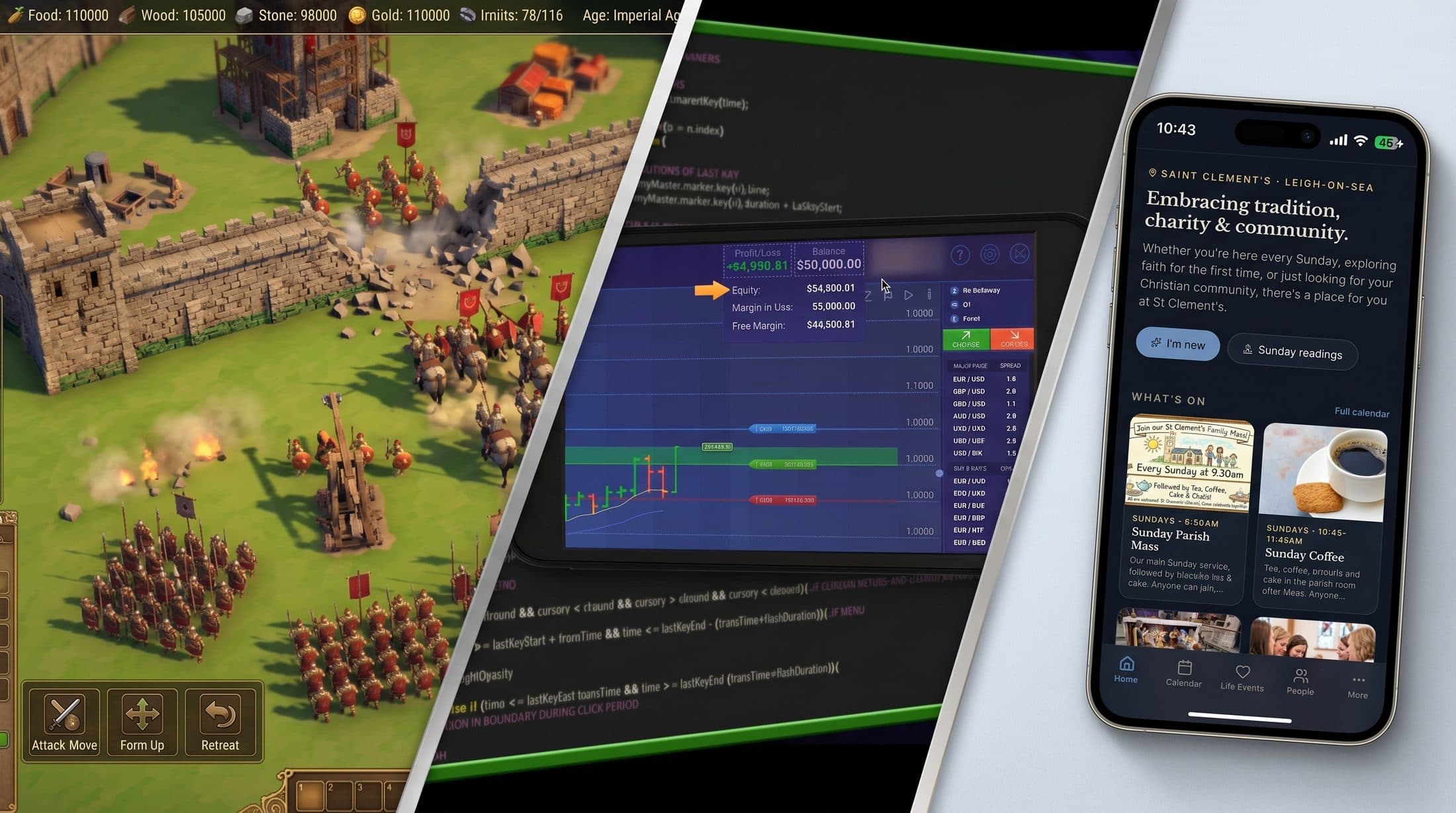 A montage of software built by Alex Pink: a strategy game, a trading platform and a mobile app