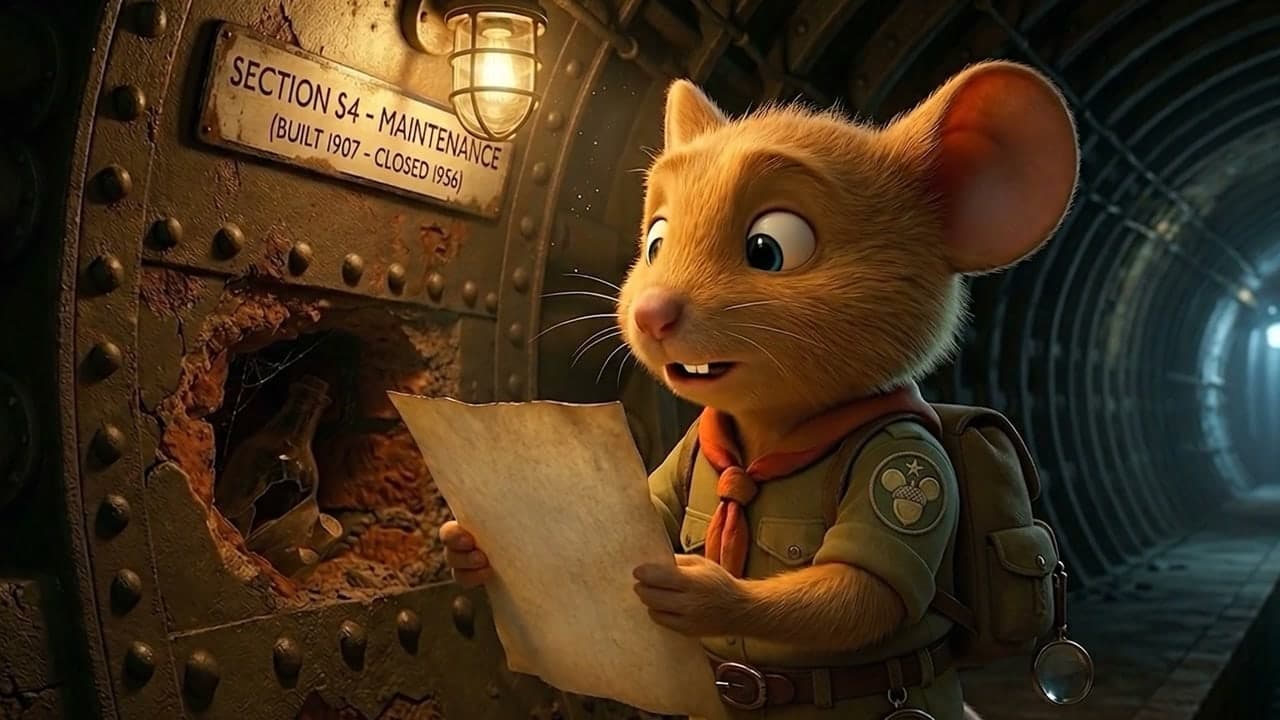 Morris reading a cryptic message in a London Underground maintenance tunnel, from the World of Mice trailer