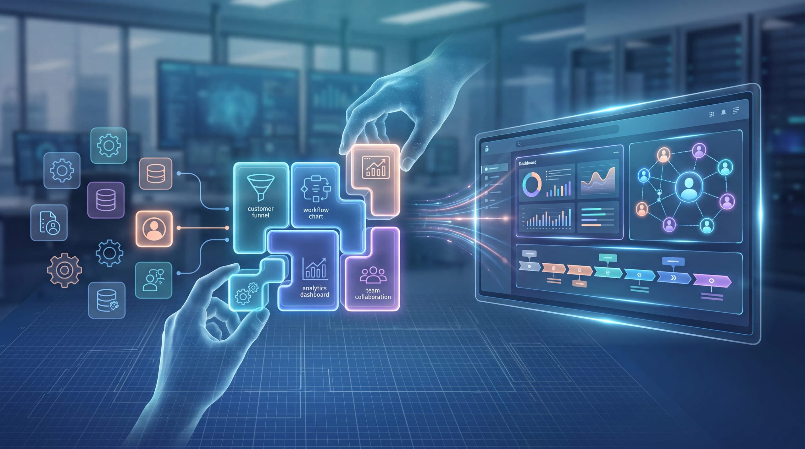 Modular blocks being assembled into a single business system, feeding one dashboard