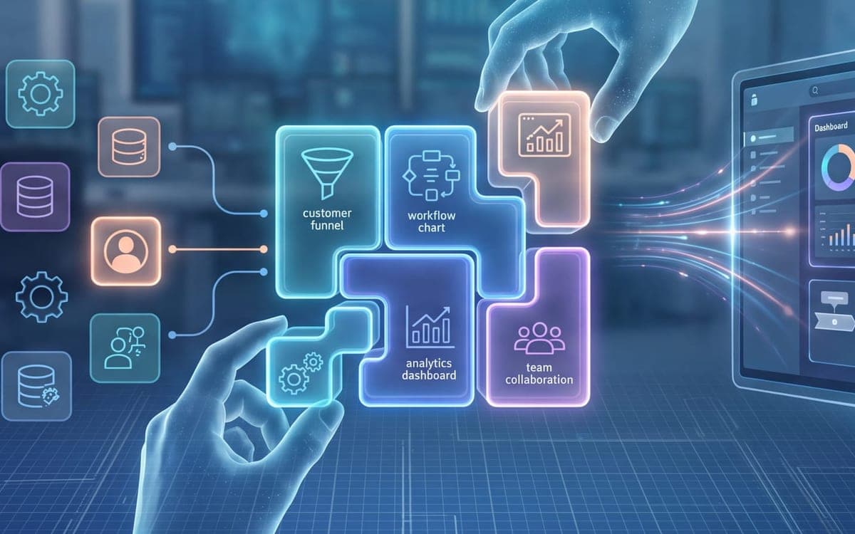 Two hands fitting puzzle pieces together into one business system