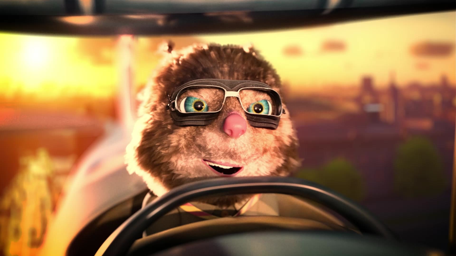 A character from one of Alex Pink's CGI animated productions driving at sunset
