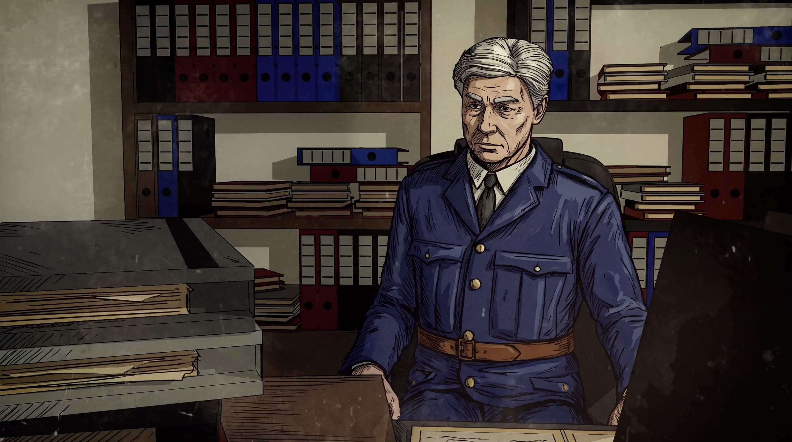 An officer at his desk in a records room, from Mostly Peaceful