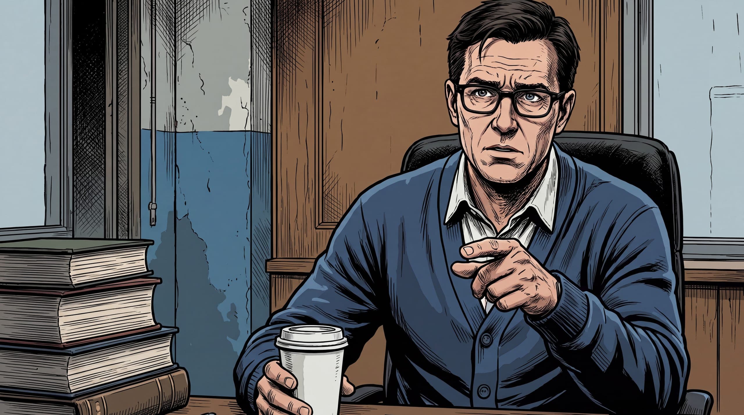 A man at his desk, from Mostly Peaceful